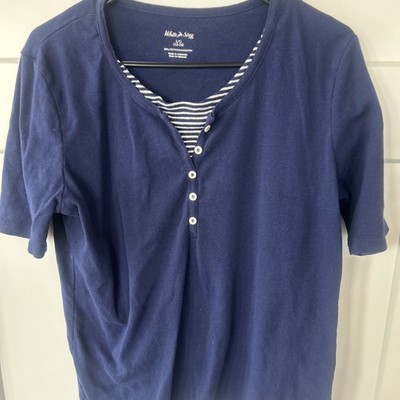 White Stag Nautical Themed Navy Blue & White 100% Cotton V Neck Button Top Sz L