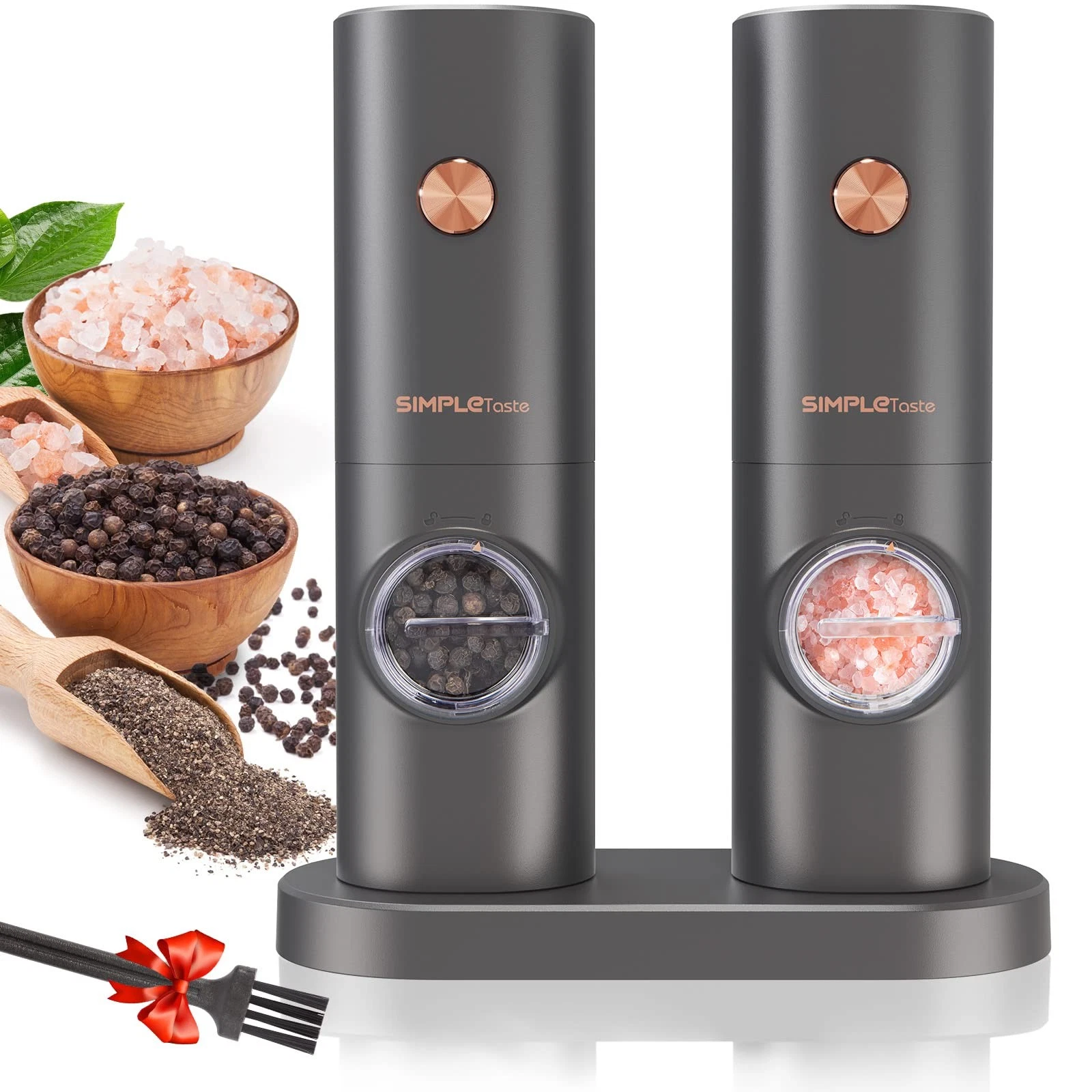 SIMPLETASTE Electric Salt and Pepper Grinder Set, One-Handed, Battery Powered, A