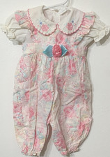 Vintage Girls Floral Romper One-Piece 3-6M Pink White Blue Collared