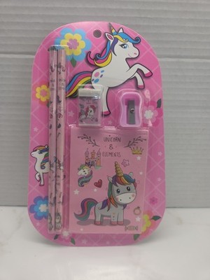 Childs Pencil Set Pink Unicorn Design 2 Pencils Eraser Sharpener Notebook New