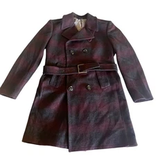 Joseph Abboud Mens 40L Wool Pea Coat Overcoat Magenta Black Plaid Pleated Back