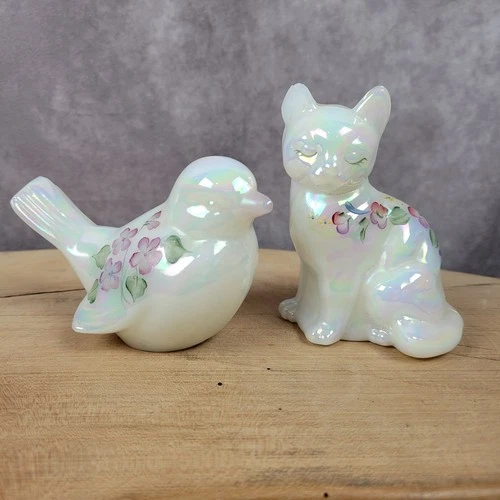 Fenton White Iridescent Handpainted Florals Glass Bird & Cat  P. Lauderman *CHIP