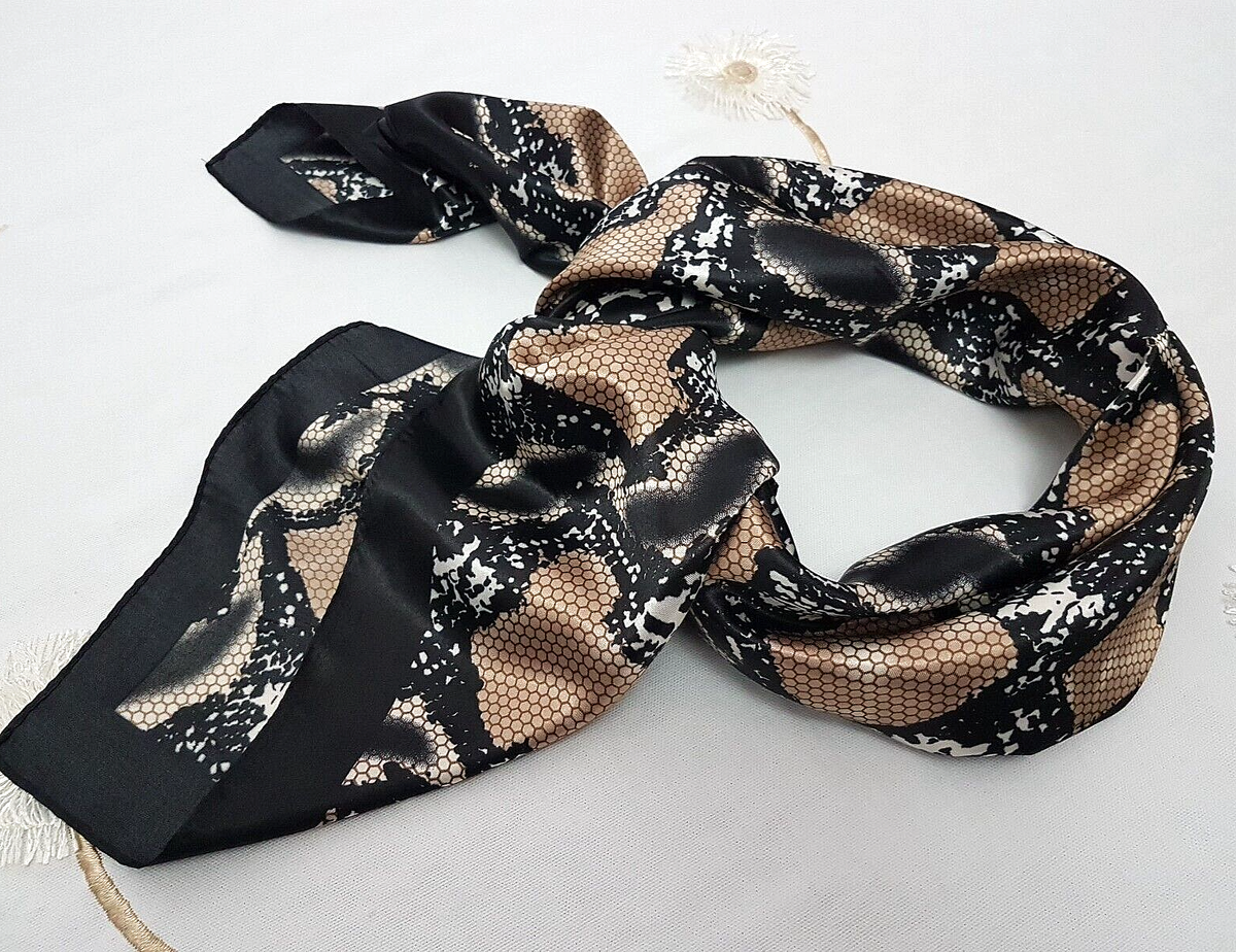 Snake Print Black Satin Scarf Women Girl Wrap Shawl Faux Silk