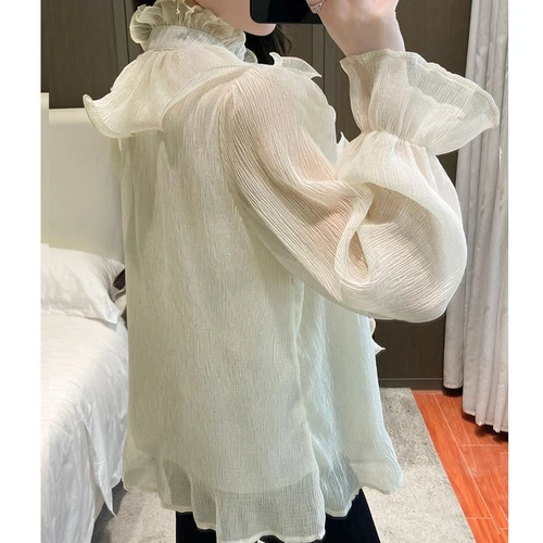 Blusa De Encaje Elegante Con Volantes Para Mujer Camisa De Gasa Con Cuello Alto- - Imagen 13 de 19