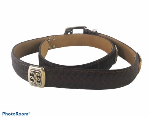 Brighton Brown Patchwork Croc & Braid Leather Belt Silver Trims Size 27.5-31.5” - Picture 4 of 6