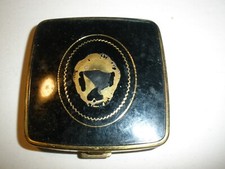 Vintage Compact 2"x2" Empty Gold Tone Made in USA Black with Lady on Front