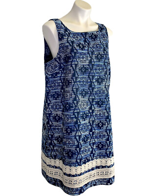 KENSIE Blue Aztec Print Sleeveless Dress XL Lace Trim Shift Unlined Jacquard EUC