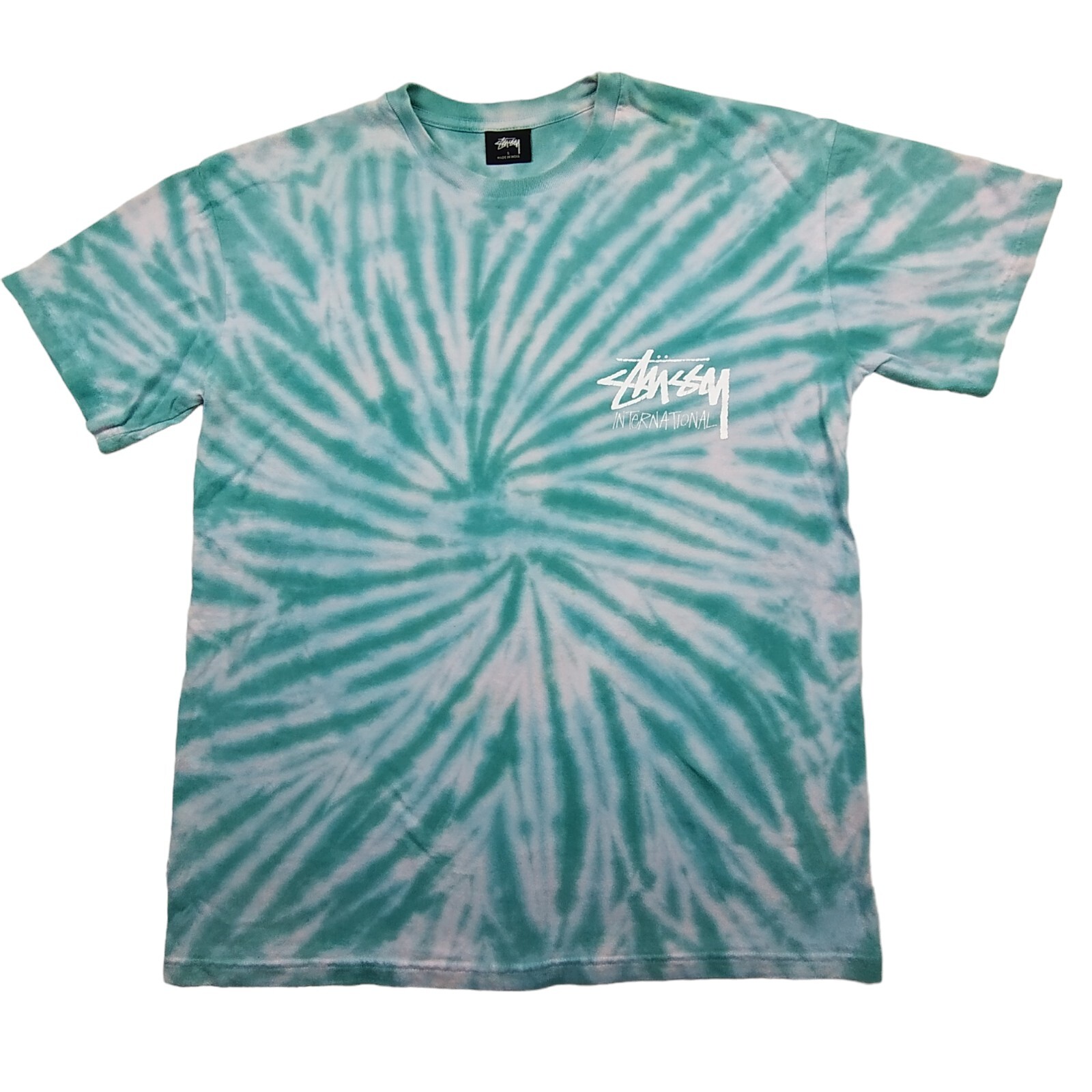 Stussy Unisex Tie Dye T-Shirt Aqua Blue White Logo SS Short S International