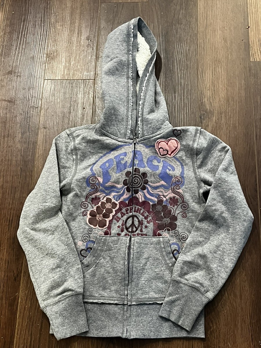 Mudd Girls Hooded Sweatshirt Sz XS Gray Purple Peace Symbol