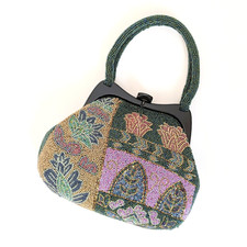 Japanese Vintage Beaded Evening Bag Mural art Pattern Green/Multi 9x7 in