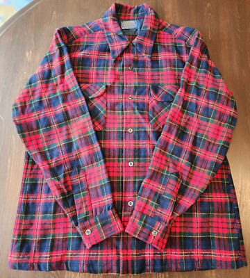 Vtg Pendleton 100% Wool Plaid Original Board Flap Pockets & Loop Button Large