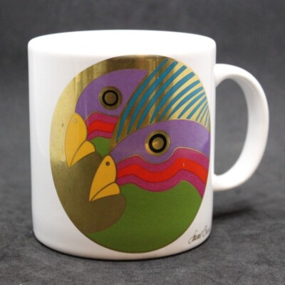 Vintage Laurel Burch Caribbean Cockatoos Mug Signed '90s Postmodern Design