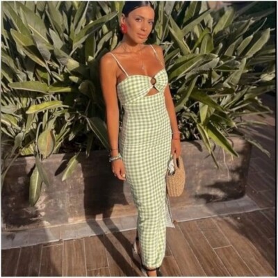 zara gingham midi dress GINGHAM MIDI DRESS - White / Green