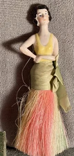 Antique Art Deco Flapper Porcelain Half Doll Broom Clothes Brush Vanity Box