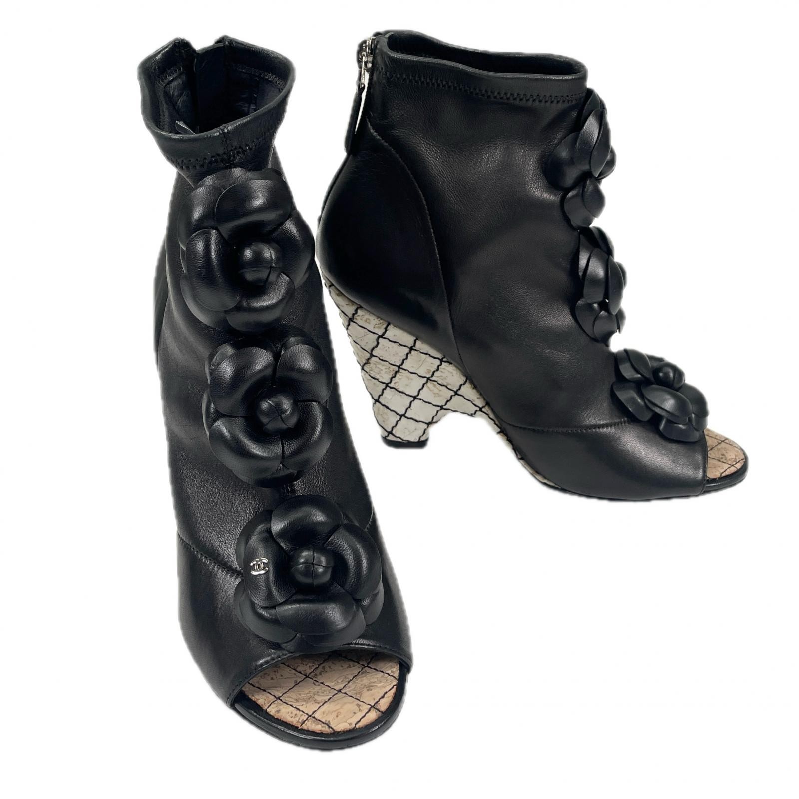 CHANEL Shoes Pumps Heel Camellia EU 37 US 7 Leather Black Authentic thumbnail 9