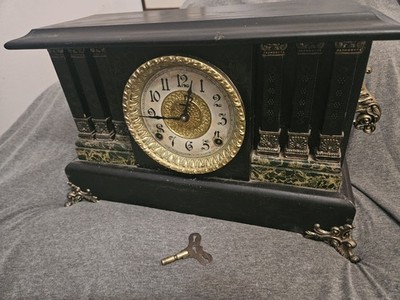 Antique E. Ingraham Adrian Black Mantel Clock 6 Columns Faux Marble FULLY TESTED