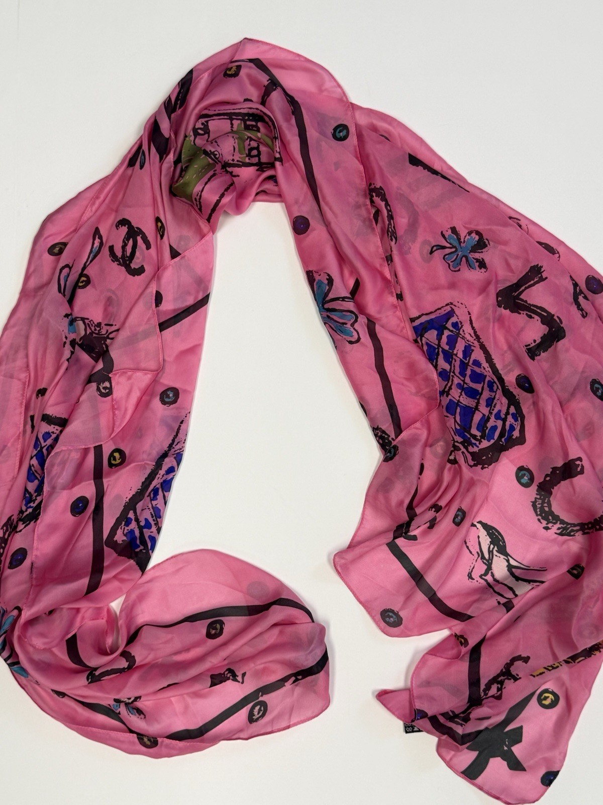 CHANEL Pink 100% Silk Logo Print Scarf Wrap Shawl Made in Italy