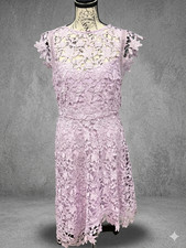 ELIZA J Asymmetrical Floral Guipure Lace Lavender Midi Dress
