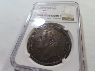 P58 Germany Hesse Darmstadt 1842 Silver 2 Thaler NGC AU Details Nice Toning