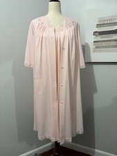 Vintage Shadowline Pink Lace Nylon Robe  Gown Set Button 3/4 Sleeve V-Neck S/M