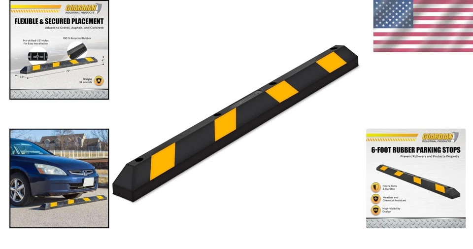 6-Foot Long Durable Rubber Parking Stop with High-Visibility Yellow Stripes - Image 2 of 4