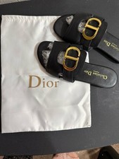Christian Dior 30 Montaigne Black Leather Sandals with Gold Logo Size 37