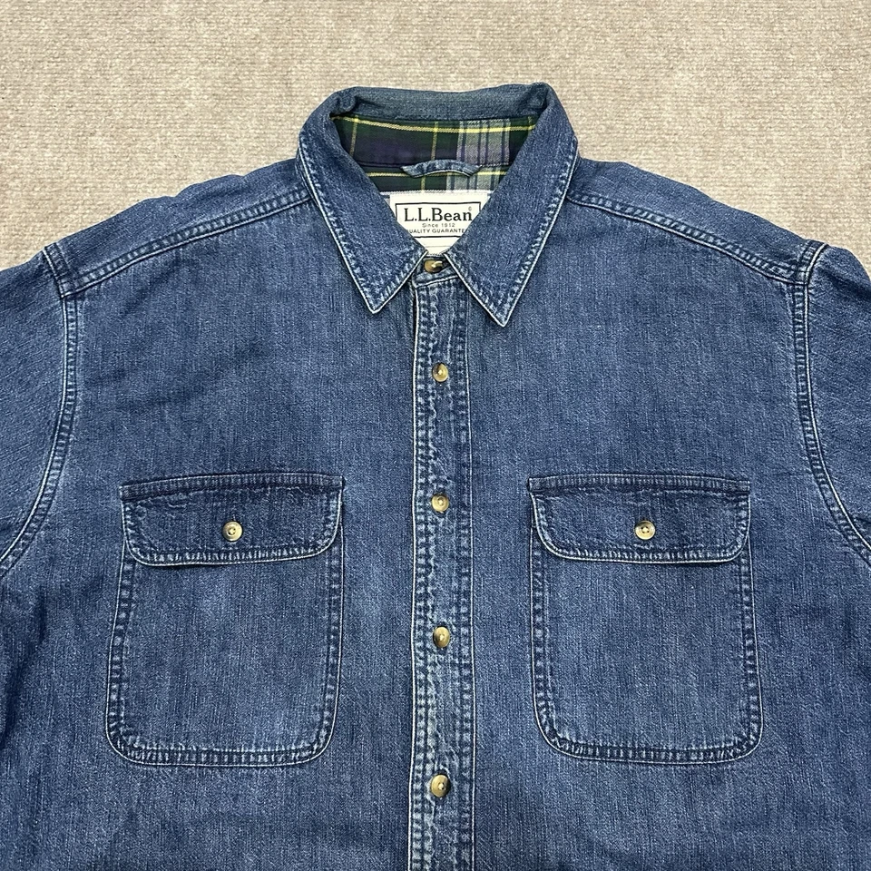 Camisa abotonada de algodón azul forrada a cuadros grande LL Bean vintage para hombre Foto 4 de 4