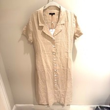Quince Linen Button Front Midi Dress Natural Beige Short Sleeve Collared Size M