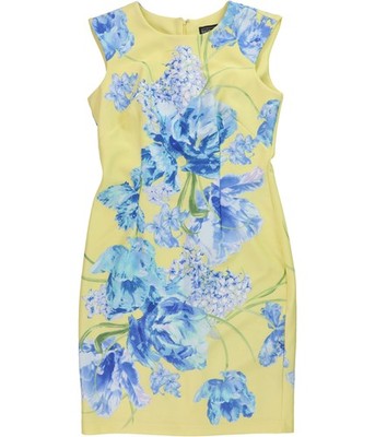 Karin Stevens Womens Floral Print Sheath Dress, bluyellow, 8