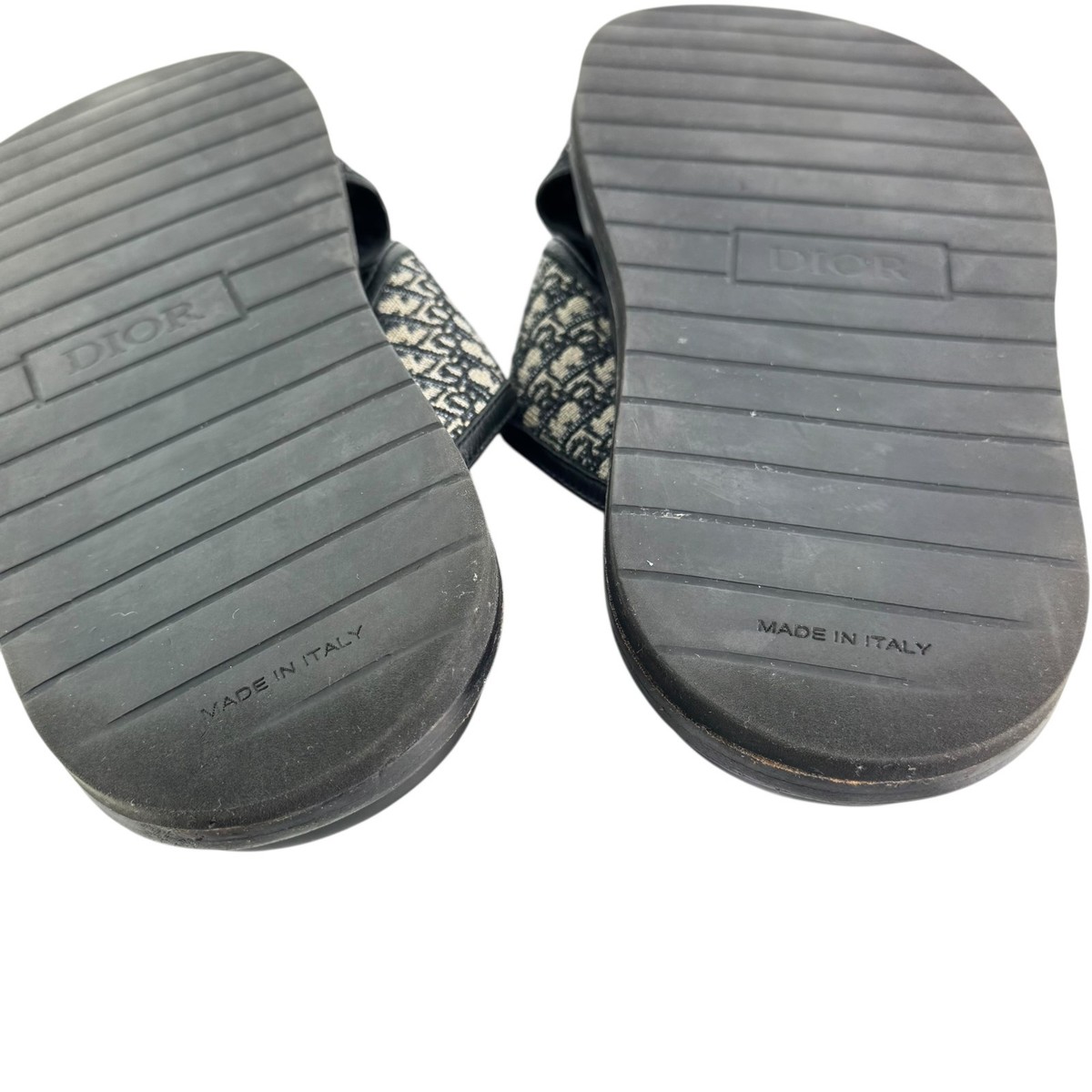 DIOR Aqua Oblique Jacquard Blue Canvas Black Leather Mens Slides