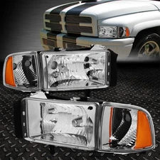 FOR 94-02 DODGE RAM 1500 2500 3500 CHROME HOUSING AMBER CORNER HEADLIGHT LAMPS