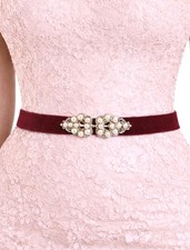 Women's Burgundy Velvet Elastic Silver Pearly Jeweled Waist Belt