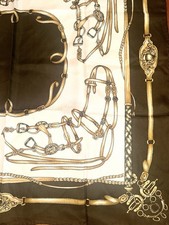 Vtg EQUESTRIAN SILK SCARF - Harness Bridle Belt Stirrups - Brown Tan Gold 30x32"