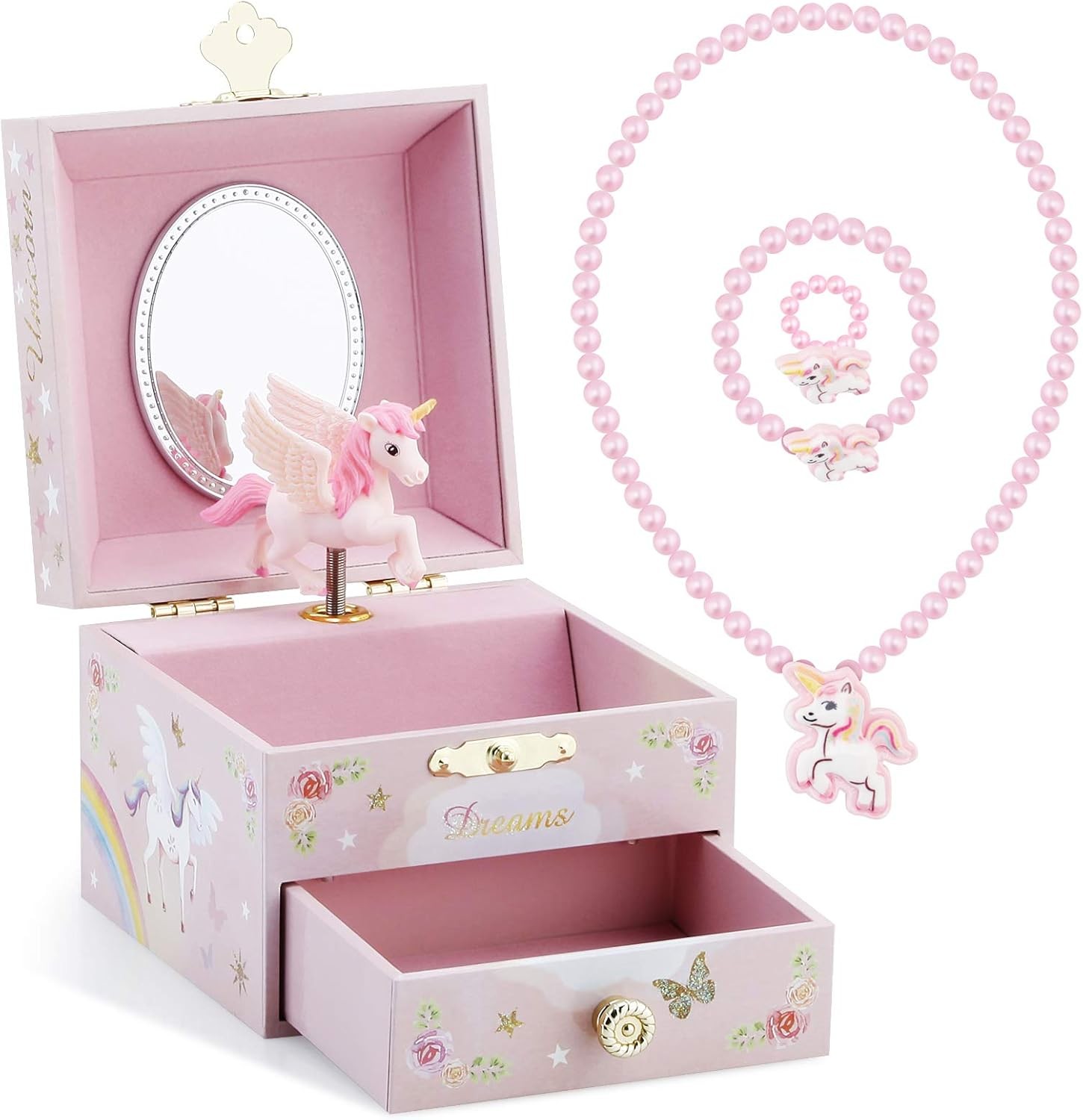 Kids Musical Jewelry Box for Girls w/ Drawer Unicorn Over the Waves Tune Pink