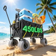 Beach Wagon with 10.5" Big Balloon Wheels for Sand  450LB Heavy Duty Foldabl...