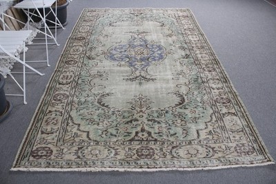Vintage Turkish Large Rug 5,7x9,2 ft, Green Wool Rug