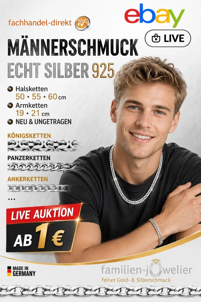 ECHT SILBER 925 Männer Schmuck •Halsketten 50 55 60cm •Armketten 19 21 23cm