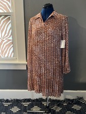 NINE WEST Dress Shift Swing Lined Pleated Collard Midi Brown Patterened Size SM