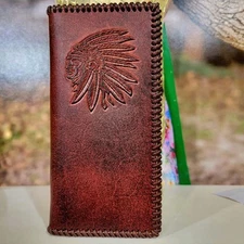 Native American Western Wallet Rodeo Cowboy  Real Leather bifold Whipstitch Edge