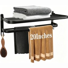 Folding Towel Rack Wall Mount Double Bar Shelf Hook Black 50cm - NEW