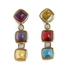 18K Yellow Gold 3.46 CT Multicolor Sapphires and 0.18 CT Diamond Drop Earrings