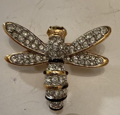 Vintage Swarovski Crystal Gold Metal Black Enamel Bumble Bee Brooch Pin 1 1/4 