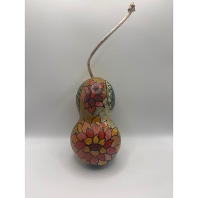Hand Painted Dried Gourd Folk Art Floral Decorative Vessel Signed Artist Piece