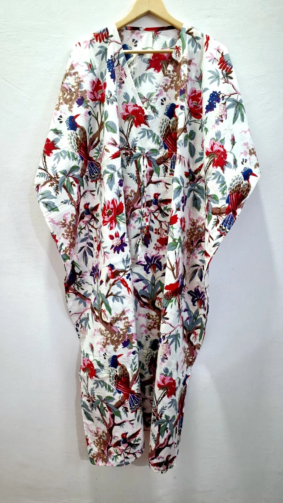 OFF WHITE Maxi abito donna lungo in caftano stampa uccellino bianco sporco loungewear