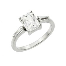 Sterling Silver CZ Stones Ladies Ring w/6mm x4 mm 0.5 ct Emerald Cut Center CZ