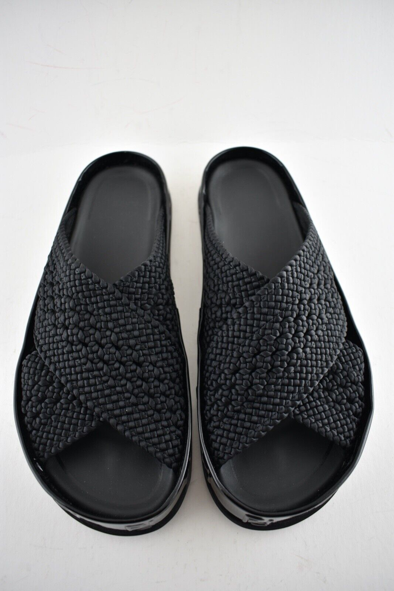 Fendi Black Criss Cross Woven Logo Mule Slide Slip On Flat Flip