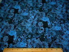 Floral Fabric By Yard Medium Blue Flowers Leaves on Black Quilting Cotton C