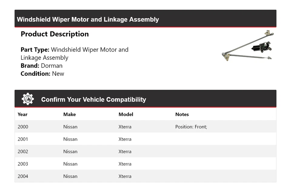 Мотор стеклоочистителя ветрового стекла и связь в сборе для Nissan Xterra Dorman 2000-2004 годов выпуска - Изображение 2 из 4