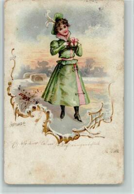 10074012 - Woman with Muff on Ice 1910 Litho - Stains Skates