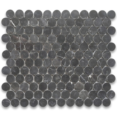 N93LXP Nero Marquina Black Marble 1 inch Penny Round Mosaic Tile Polished